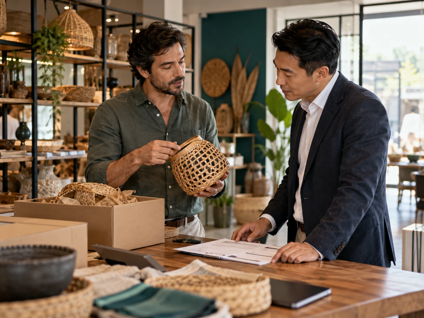Profissional apresentando um produto a um cliente internacional